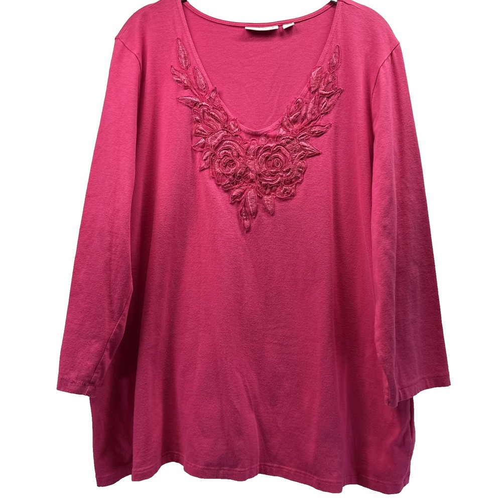 Susan Graver Women's Top Size 2X Plus Solid Pink Embroidered V Neck 3/4 Sleeves